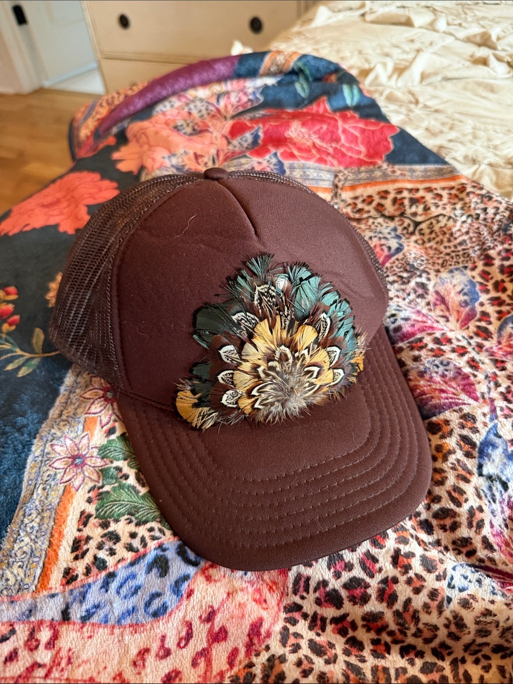 Brown Feather Embellished Trucker Hat
